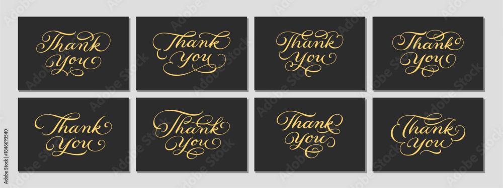 Obraz premium Elegant golden thank you calligraphy set with modern script flourishes. Thank you card design templates collection. Perfect for cards, invitations, greetings, weddings, or business appreciation. 
