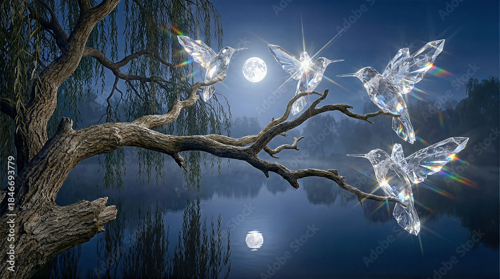 Naklejka premium Crystal Hummingbirds on Tree Branch over Moonlit Lake Fantasy Night Scene