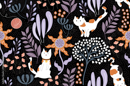 seamless floral pattern with cats