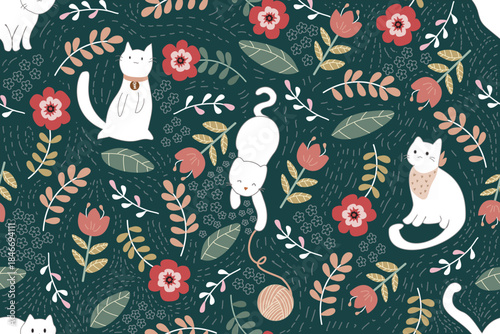 seamless pattern with cat and flowers
