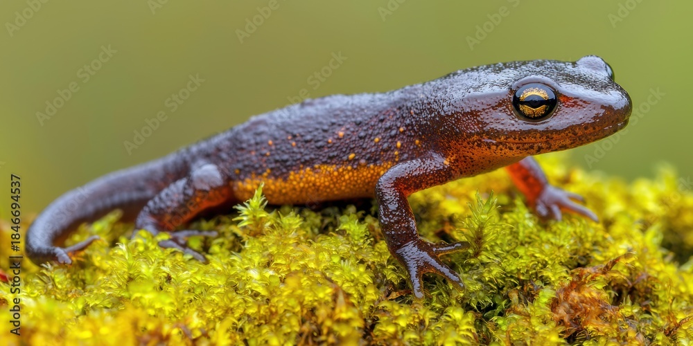 Fototapeta premium A close-up of a salamander perched on vibrant green moss, showcasing its glossy skin and distinctive markings in a natural setting.