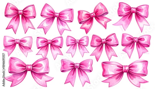 A collection of watercolor-style pink bows, each varying in size and knot detail, arranged against a white backdrop