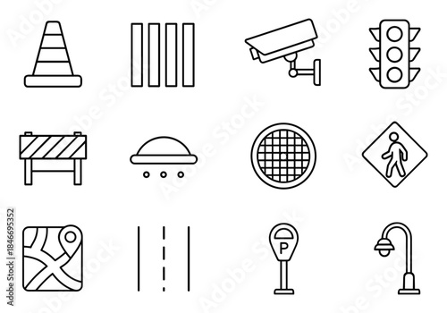 Traffic icons set: cone, cctv, traffic light, crosswalk, map, parking, streetlight