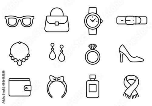 Outline icons: fashion accessories collection including watch, jewelry, and bag