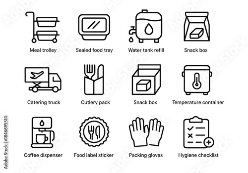 Icons of catering equipment: meal trolley, sealed tray, water tank, snack box