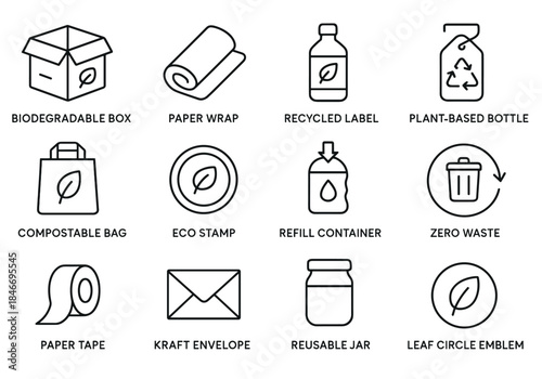 Eco-friendly icons collection featuring biodegradable box and zero waste emblem