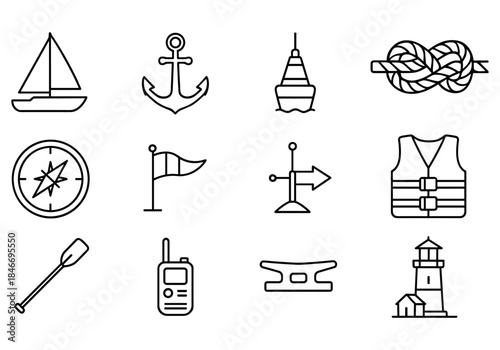 Nautical icon set: sailboat anchor lighthouse compass knot symbols