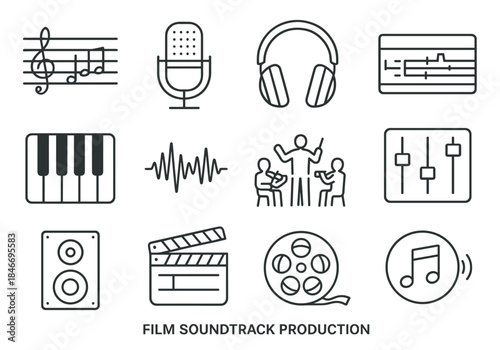 Icons set representing film soundtrack production elements in line art style