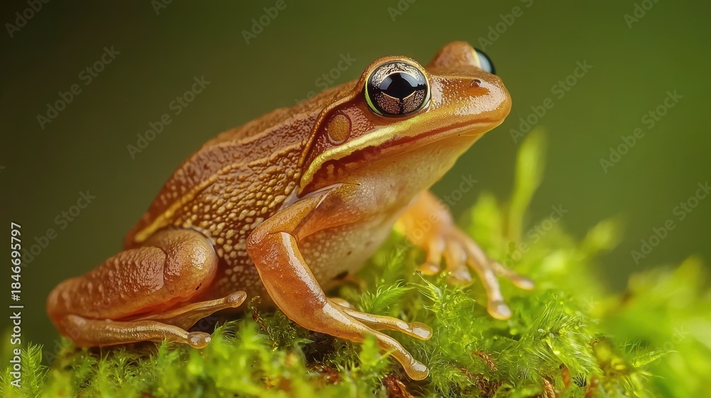 Obraz premium A close-up of a vibrant frog perched on lush moss, showcasing its unique texture and striking eyes in a natural setting.