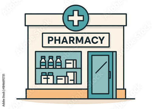 of pharmacy storefront with medical cross and products displayed