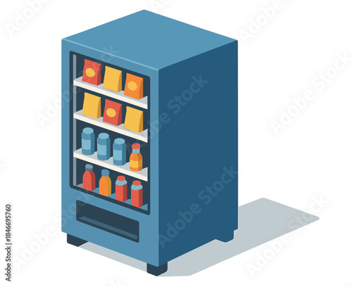 Blue vending machine with assorted snacks and drinks on white background
