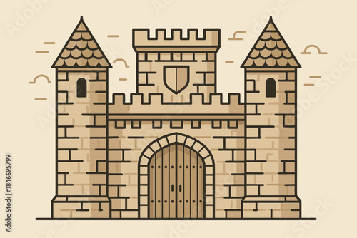 Medieval stone castle with towers and wooden gate