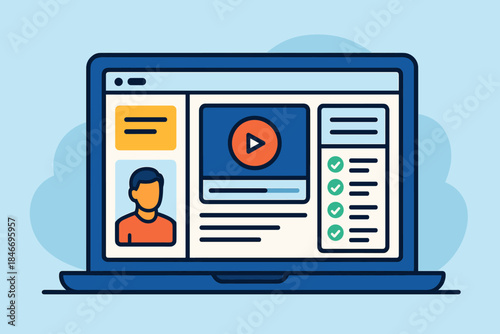 Online learning platform interface on laptop display with video and checklist icons