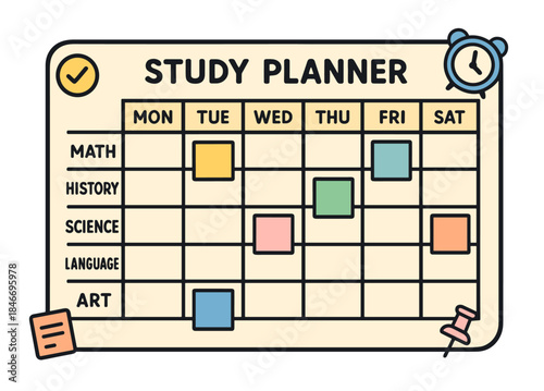 Weekly study planner with color-coded subjects for organized learning schedule