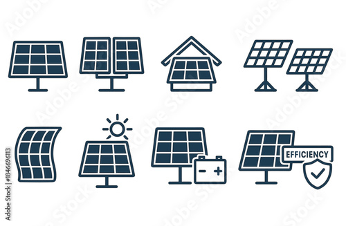 Collection of solar panel icons depicting various configurations and usages