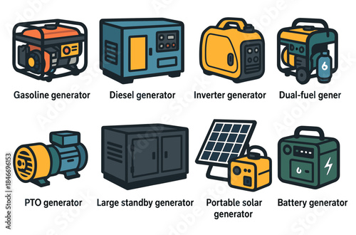 Various generators: gasoline, diesel, inverter, dual-fuel, pto, standby, solar, battery