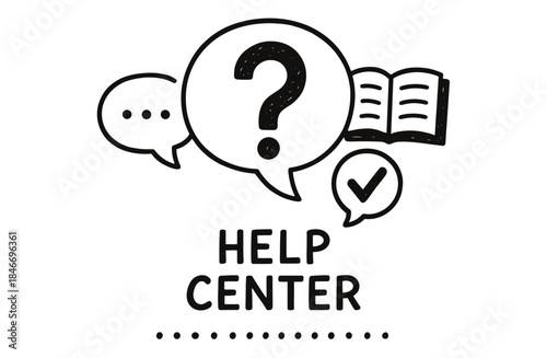 Help center icon with speech bubbles, question mark, book, and checkmark symbols