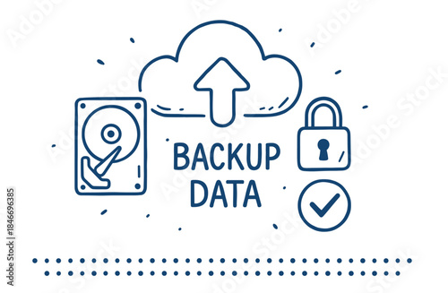 Cloud data backup concept with hard disk, upload arrow, and security icons