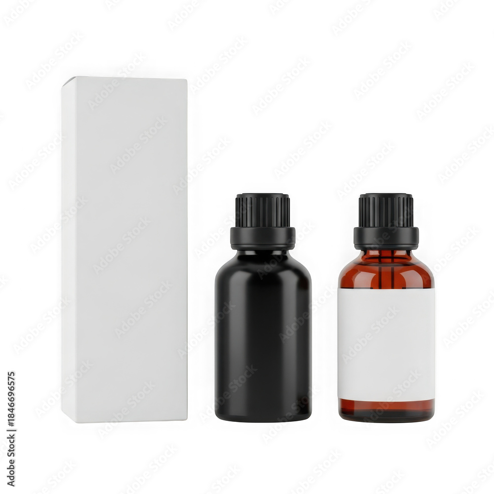 Fototapeta premium Black and brown glass bottles with black cap and packaging box isolated on transparent background