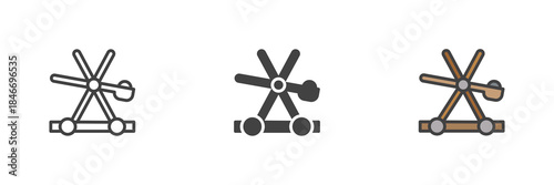 Wooden catapult line outline solid different style icon set pack