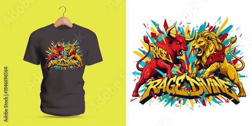 This vector T-shirt displays graffiti lettering reading “Rage Divine,” showing a devil and lion facing off, surrounded by powerful strokes, splattered paint, sharp angles, and fierce color contrasts.
