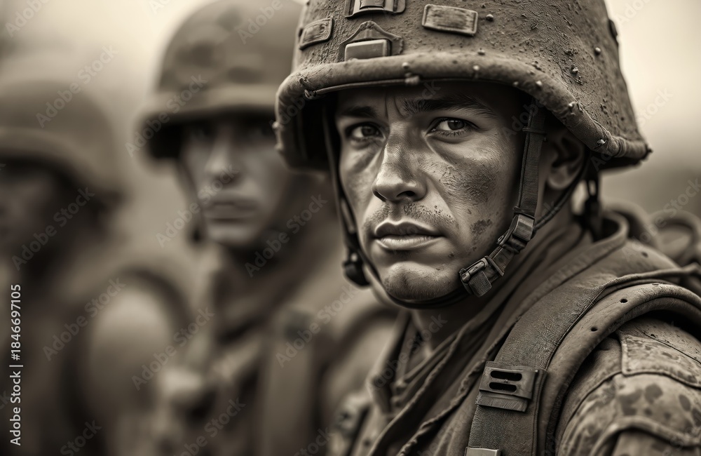 Naklejka premium Sepia toned image shows soldiers in helmets. Military stands, wearing uniform. Men in armed forces look serious, focused. Veterans shown. Image about war, army, patriotism. Brave warriors honor