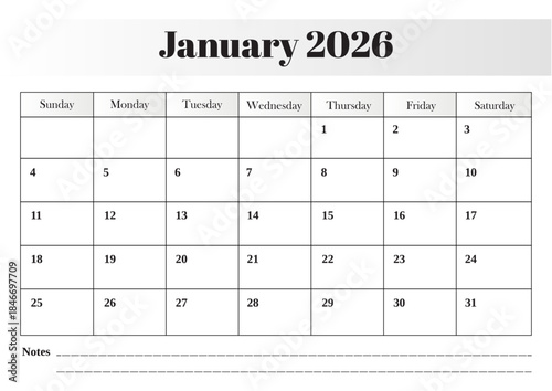 January 2026 monthly calendar vector design featuring a clear grid layout