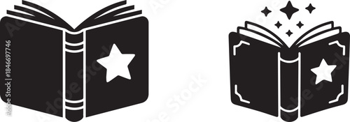 Magic book silhouettes, black and white vector illustration of spell books and enchanted books, isolated design for fantasy, wizard, and mystical concepts