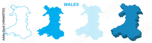 Wales Map Vector Set, UK Outline Silhouette Dotted 3D Solid Shapes, Wales Country Infographic Template, Editable EPS Wales Geography