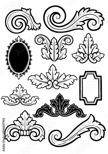 Hand Drawn Acanthus Ornaments Set. Vintage Decorative Scroll Elements and Frames in Engraving Style