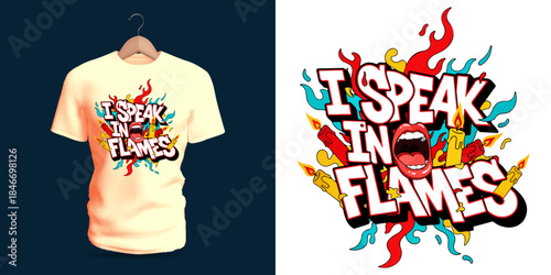 This vector T-shirt features graffiti lettering reading “You Are My Chaos,” paired with expressive hands, dripping accents, splattered paint, bold strokes, and abstract colorful shapes