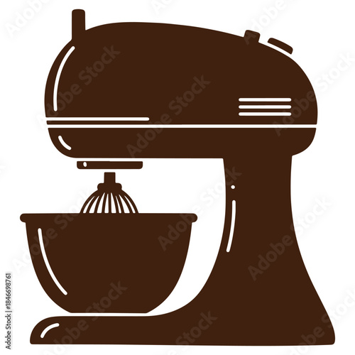 Brown stand mixer with bowl and whisk attachment isolated on transparent background for kitchen baking recipes