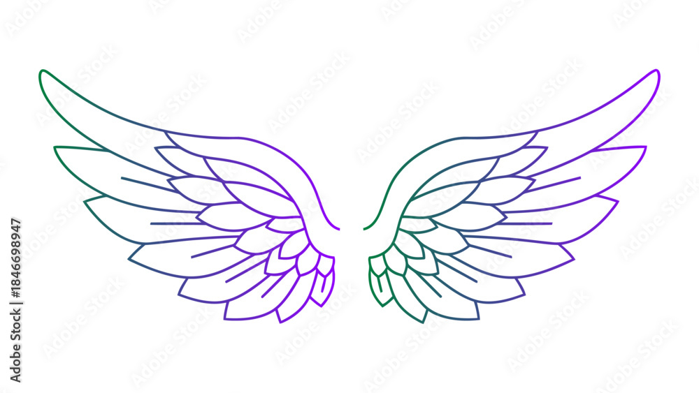 Obraz premium Gradient color outline set of angel wings on transparent background, ethereal design for mythical and heavenly concepts.