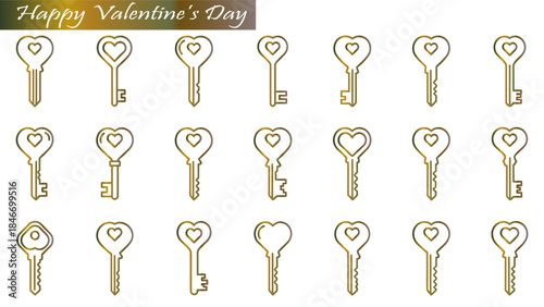 Valentine's Day keys set icon vector illustration golden love heart shape lock key on transparent background.