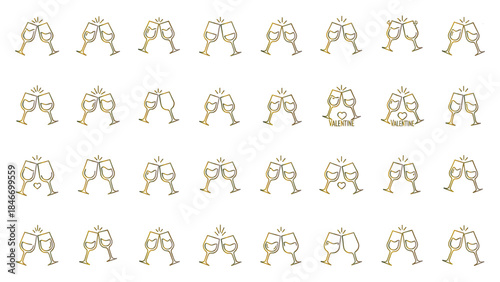 Valentine's Day champagne glasses toast icon vector illustration, golden set on transparent background.