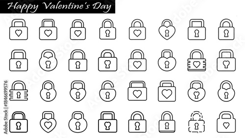 Valentine's Day locks set icon vector illustration black outline love heart shape padlock on transparent background.