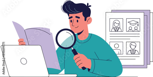 Recruitment Man Reviewing Resumes Magnifying Glass Laptop Job Search Information Gathering Vector