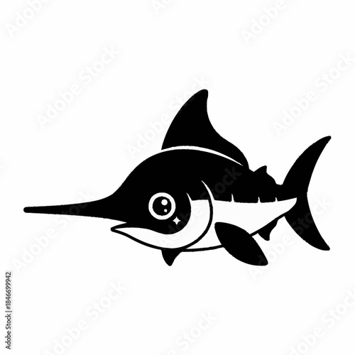Cute Cartoon Swordfish Black and White Illustration.