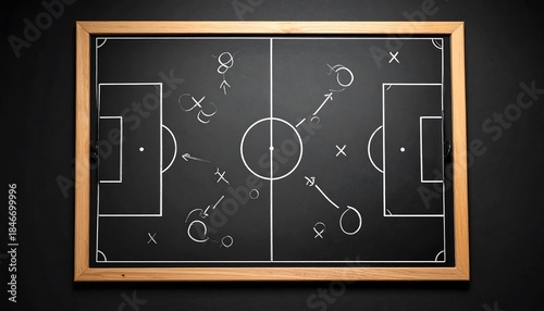 A soccer field drawn on a chalkboard, illustrating a play. The board has a wooden frame, set against a dark background