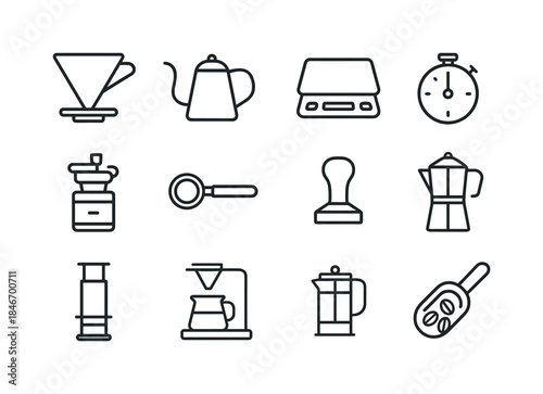 Coffee Tools Icons. Coffee Brewing Tools. Line icon set of Coffe
