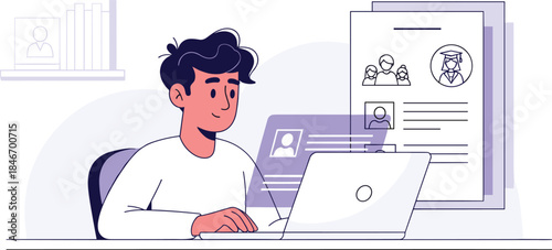 Young Man Laptop Resume CV Job Applications Career Development Professional Growth Vector Illustration