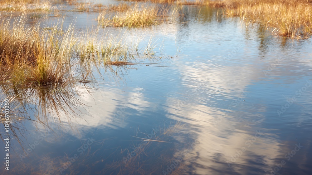 Fototapeta premium Water reflects clouds over patches of grass in a wetland area during the daytime