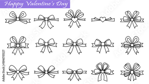 Set of black outline bows and ribbons with hearts, festive vector elements for Valentine's Day cards, gifts, and decorations.