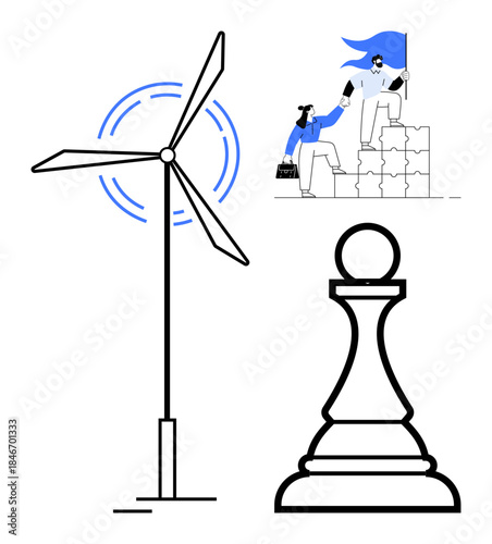 Sustainability, teamwork, leadership, renewable energy, innovation, strategy. a wind turbine, two people collaborating and a chess pawn. Renewable energy and teamwork concepts illustrated cohesively