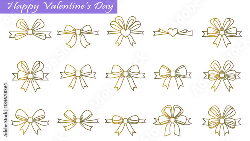 Set of shiny golden gradient bows and ribbons with hearts, festive vector elements for luxurious Valentine's Day gifts and decor.