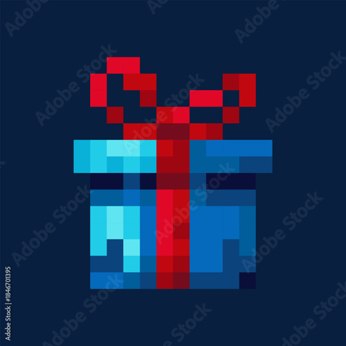 Pixel gift box icon with red bow. 8 bit arcade game icon. For seasonal decorations and holiday designs, holidays, festive games, websites.