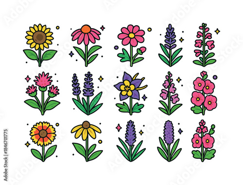 Colorful Plant Icons. Seed & nectar plants. Colorful isometric v