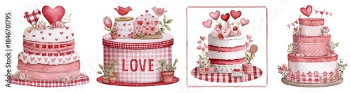 Set of hand-painted red watercolor farmhouse-style cakes