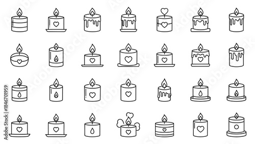 Set of Valentine's Day candles, various shapes and sizes, isolated on a transparent background black outline style.