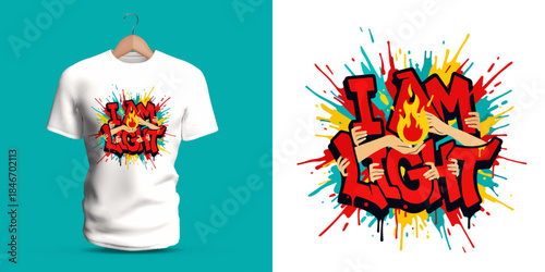 This vector T-shirt shows graffiti lettering reading “I Am Light,” combined with flame-like accents, bright strokes, dripping lines, splattered paint, and glowing abstract elements